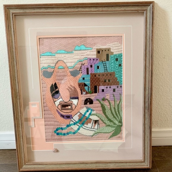 Vintage needlepoint Art southwestern pottery 16/19”